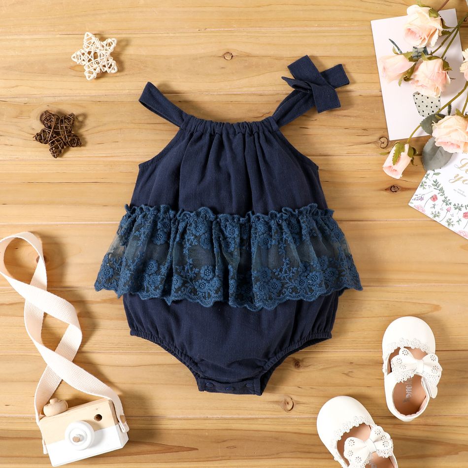 100% Cotton Baby Girl Lace Design Sleeveless Pleated Romper Dark Blue big image 2