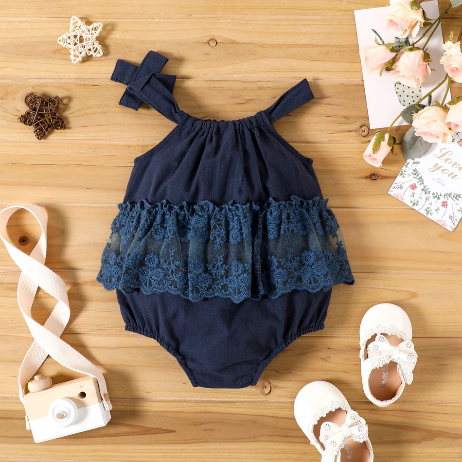 100% Cotton Baby Girl Lace Design Sleeveless Pleated Romper Dark Blue big image 1