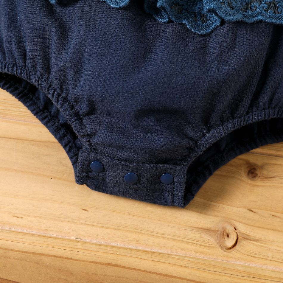 100% Cotton Baby Girl Lace Design Sleeveless Pleated Romper Dark Blue big image 5