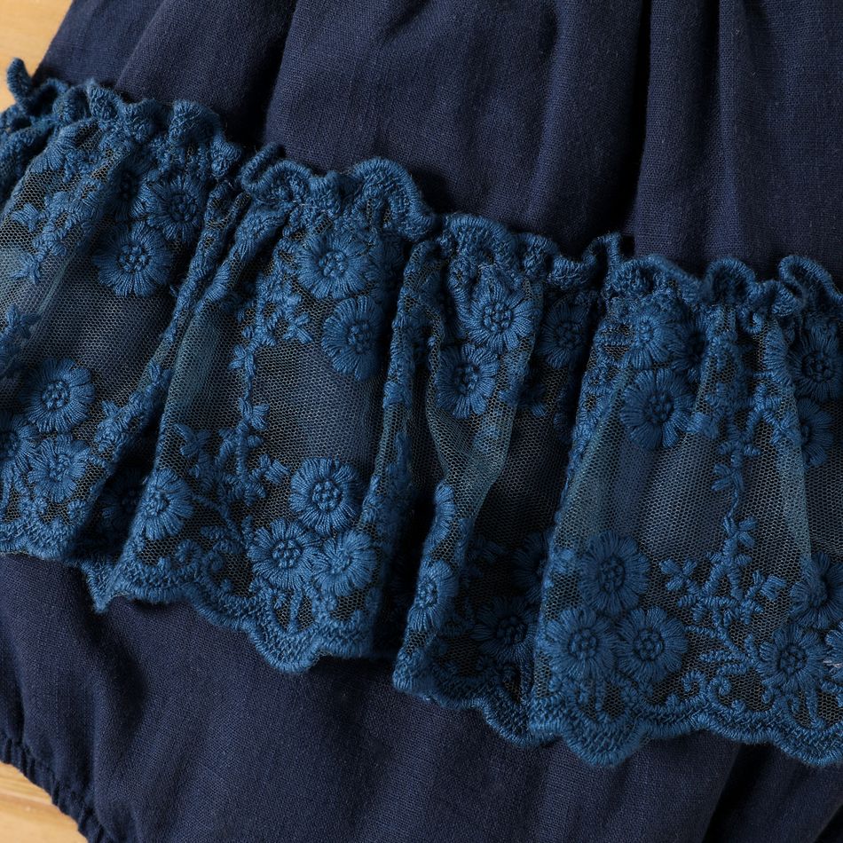 100% Cotton Baby Girl Lace Design Sleeveless Pleated Romper Dark Blue big image 4
