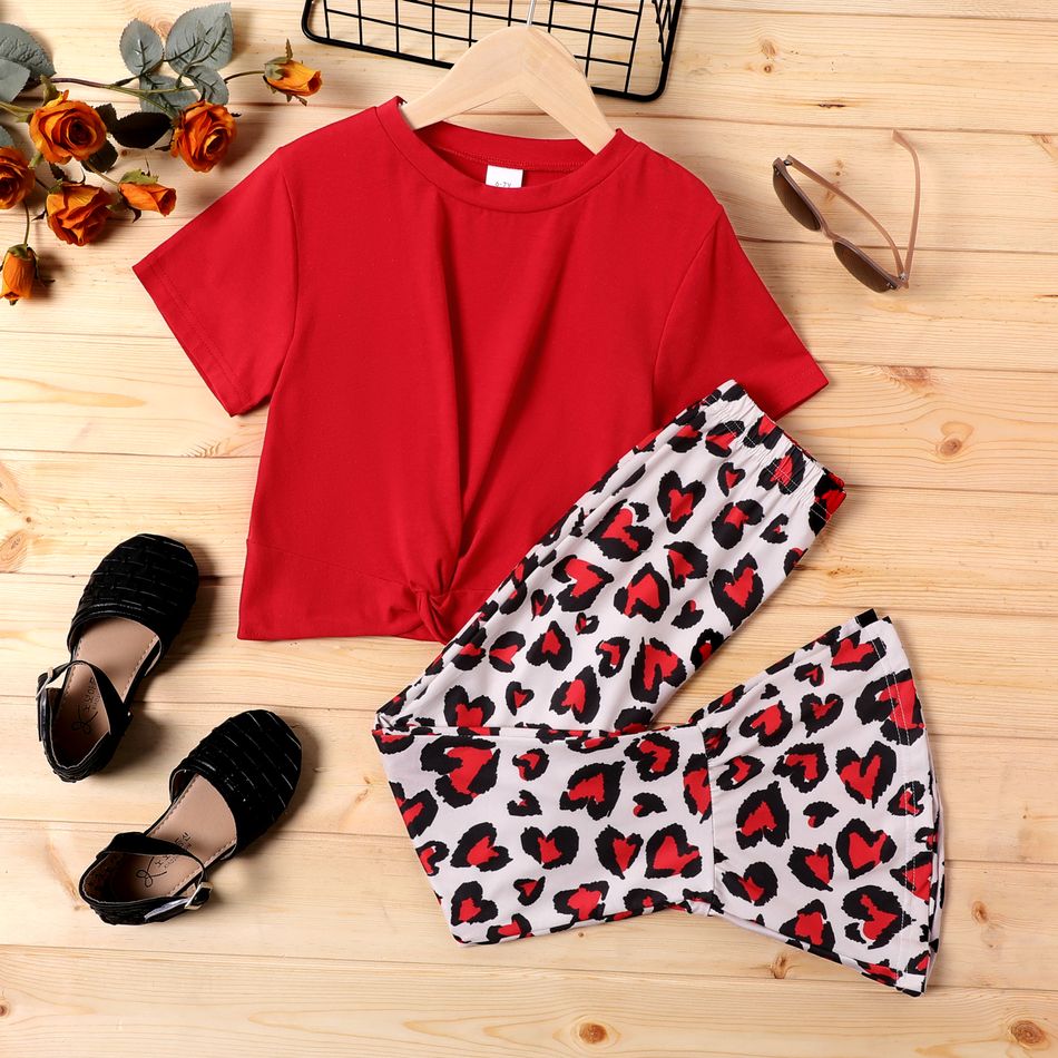 2-piece Kid Girl Twist Front Tee and Heart Print Flared Pants Set Red