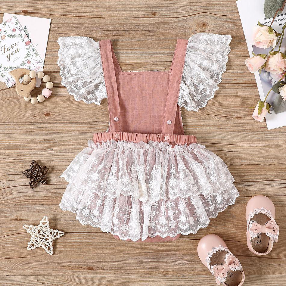 Baby Girl Lace Splicing Pink Sleeveless Party Romper Pink big image 2