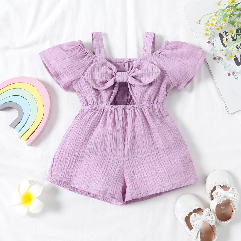 Baby Girl Solid Textured Cold Shoulder Short-sleeve Bowknot Hollow Out Romper Purple big image 1