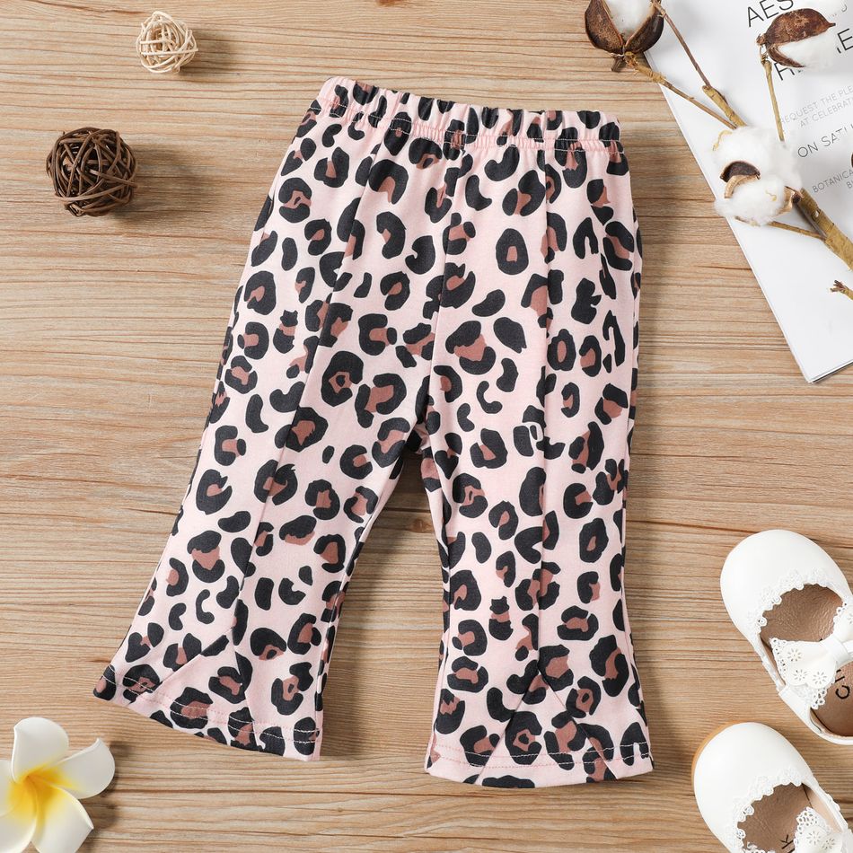 Baby Girl Leopard/Solid Ribbed Elasticized Flared Pants Light Pink big image 1