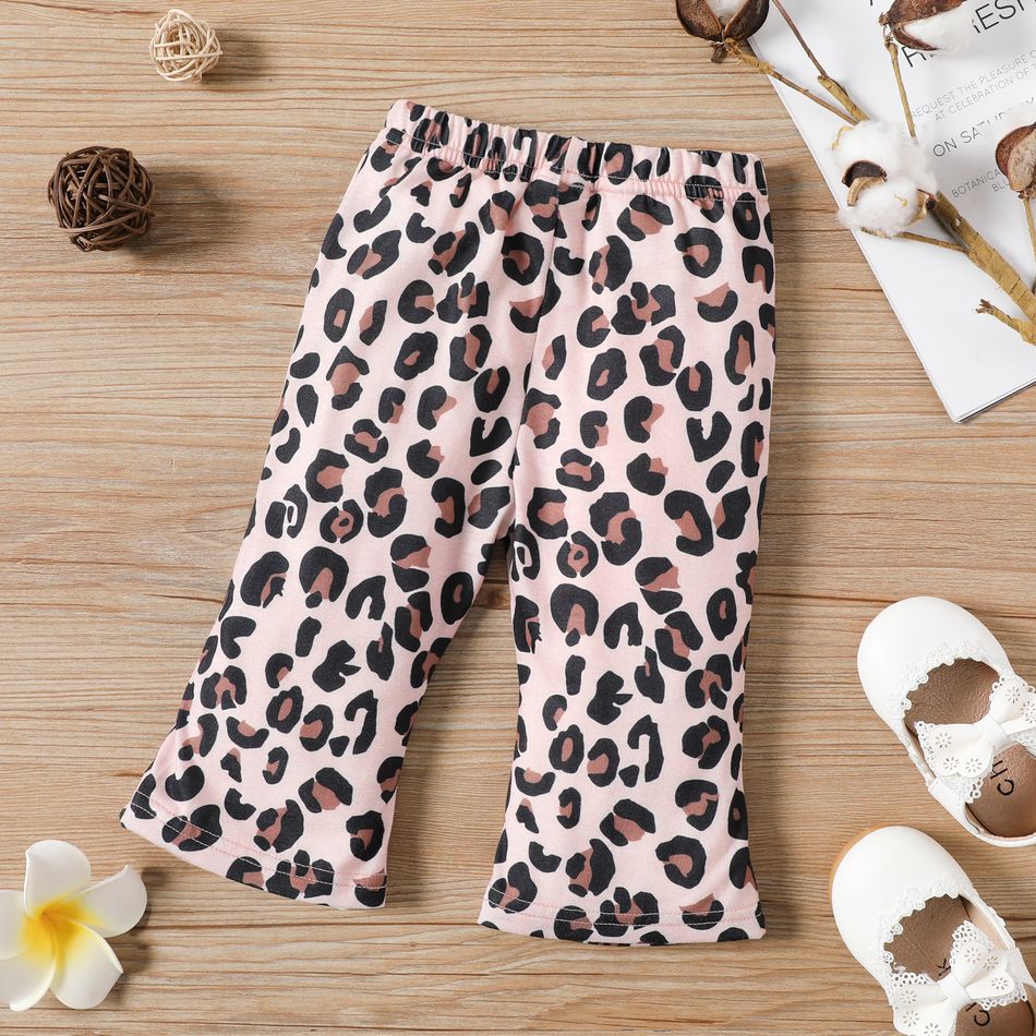 Baby Girl Leopard/Solid Ribbed Elasticized Flared Pants Light Pink big image 3