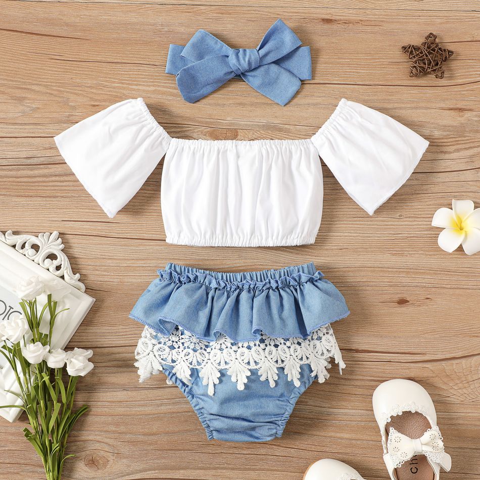 100% Cotton 3pcs Baby Girl Off Shoulder Short-sleeve Bowknot Crop Top and Layered Lace Shorts with Headband Set White