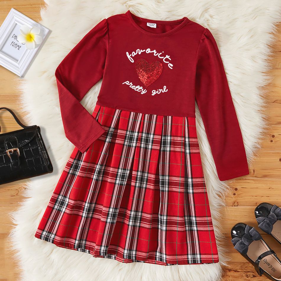 Kid Girl Christmas Letter Print Sequined Heart Pattern Red Plaid Stitching Long-sleeve Dress Red