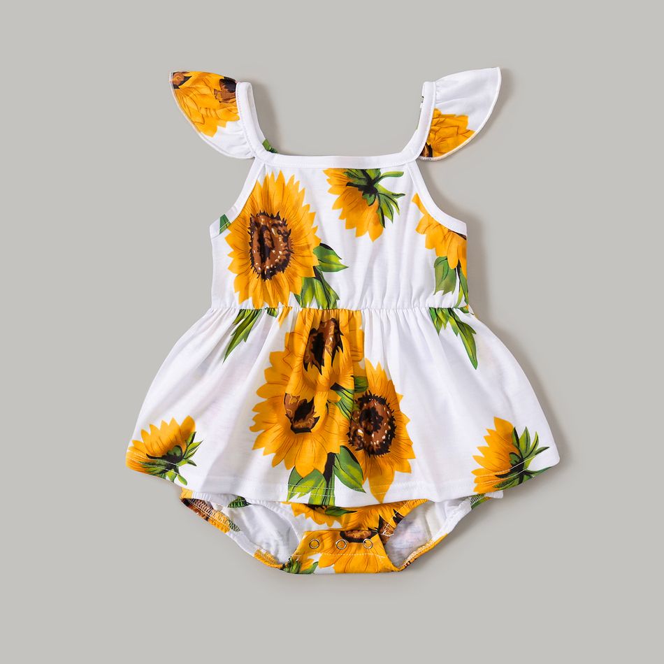 Family Matching Solid Spaghetti Strap Splicing Sunflower Floral Print Dresses and Short-sleeve T-shirts Sets ColorBlock big image 7