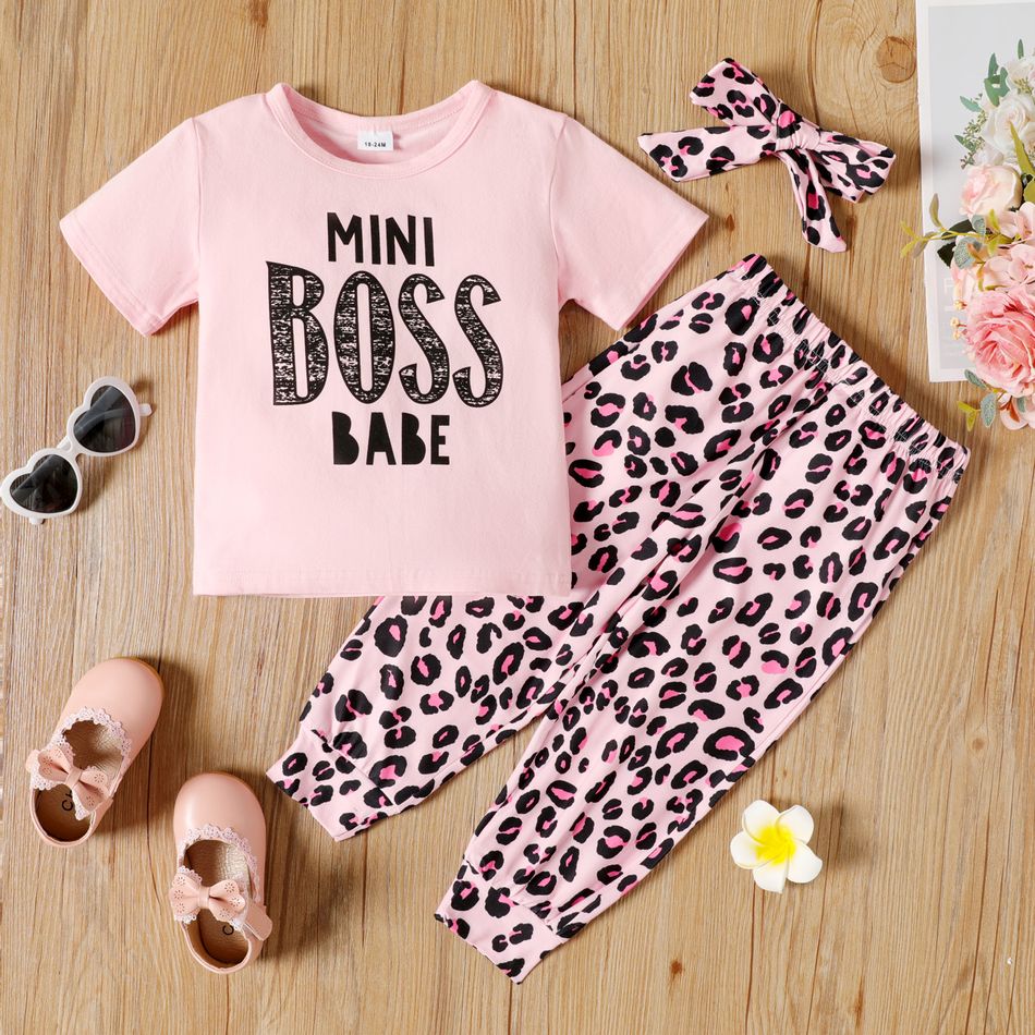 3-piece Toddler Girl Letter Print Pink Tee, Leopard Print Pants and Headband Set Light Pink