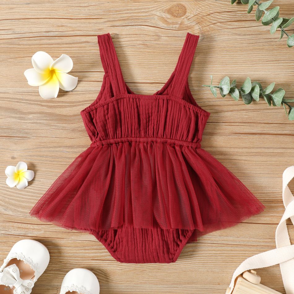 Baby Girl Mesh Design Solid Crepe Sleeveless Bowknot Hollow Out Romper Red big image 3