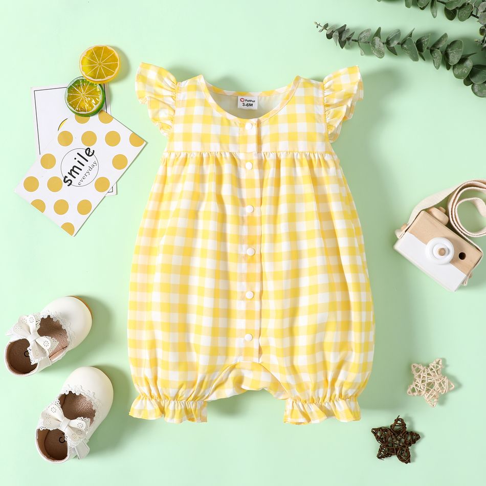 Baby Girl Allover Yellow Plaid/Lemon Print Flutter-sleeve Snap Romper Yellow