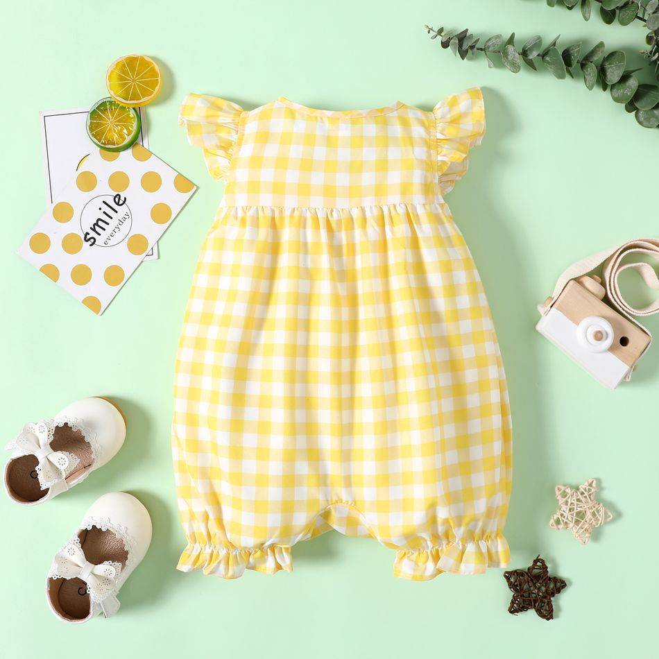 Baby Girl Allover Yellow Plaid/Lemon Print Flutter-sleeve Snap Romper Yellow big image 2