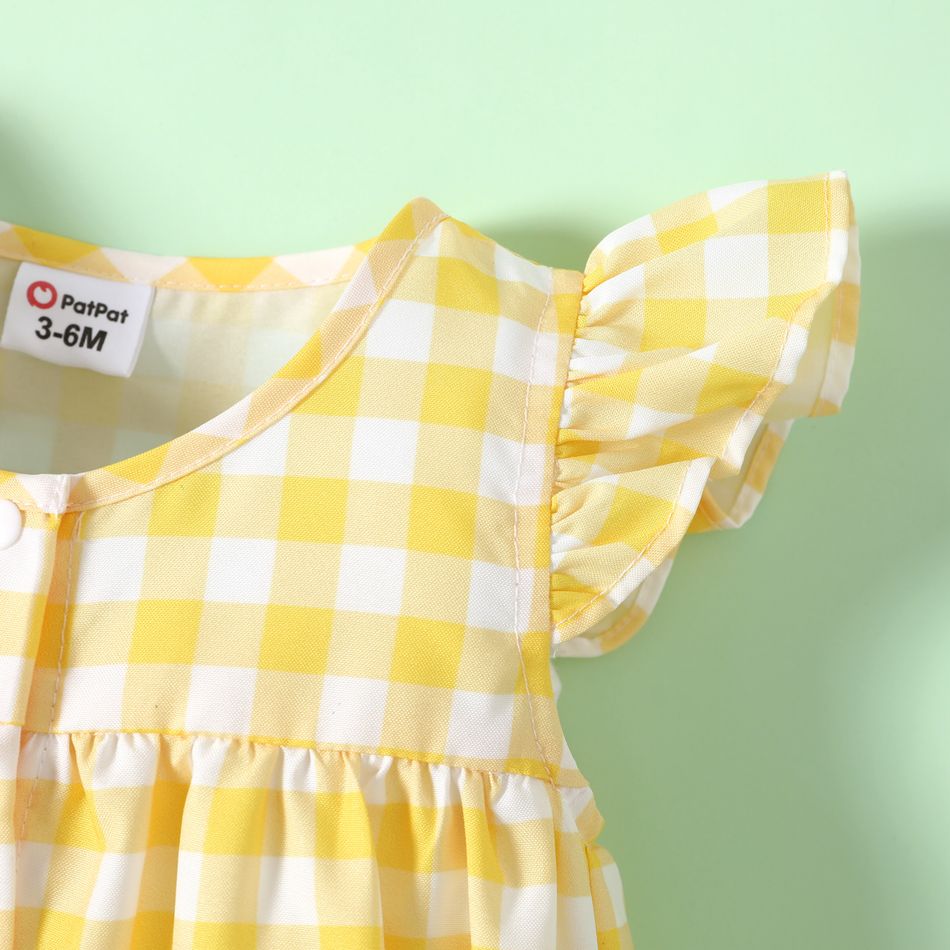 Baby Girl Allover Yellow Plaid/Lemon Print Flutter-sleeve Snap Romper Yellow big image 3