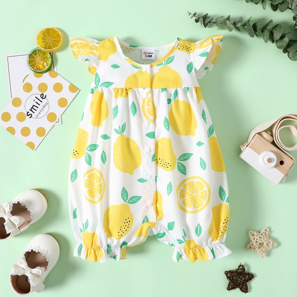 Baby Girl Allover Yellow Plaid/Lemon Print Flutter-sleeve Snap Romper Color block