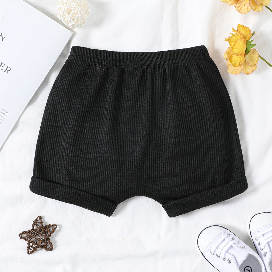 Baby Boy Button Design Solid Waffle Textured Shorts Black big image 2