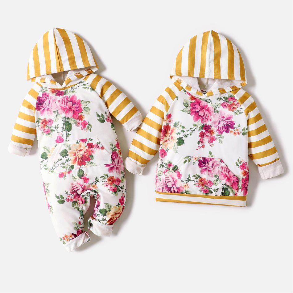 Sibling Matching Floral Print Splicing Striped Long-sleeve Hooded Sweatshirts ColorBlock