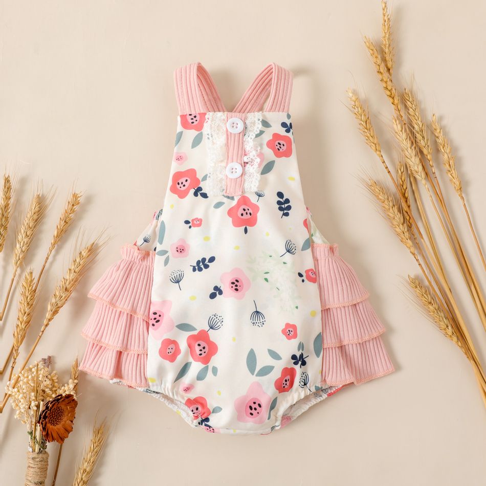 Baby Girl Floral Print Splicing Ribbed Layered Ruffle Sleeveless Romper Pink