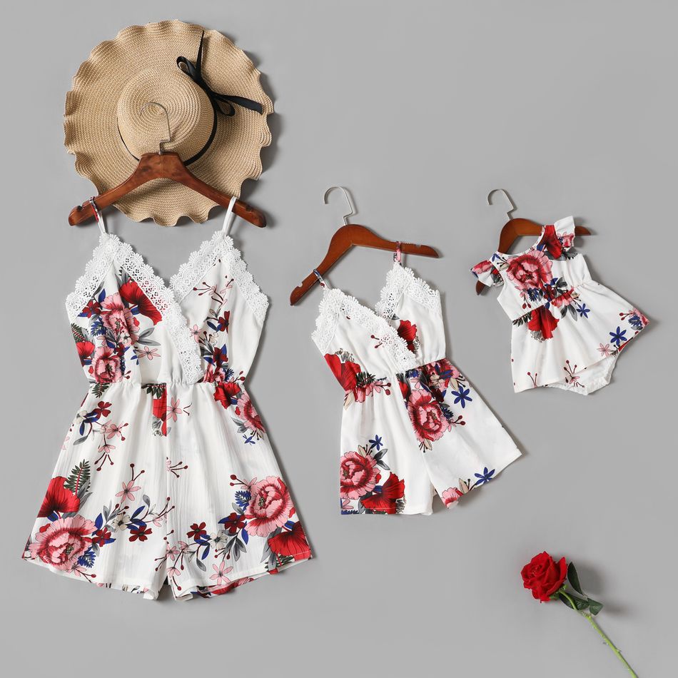 Allover Floral Print White Lace V Neck Sleeveless Spaghetti Strap Romper for Mom and Me White