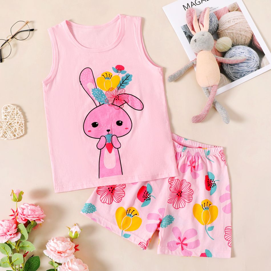 2-piece Kid Boy/Kid Girl 100% Cotton Animal Print Tank Top and Floral/Animal Print Shorts Set Pink big image 1