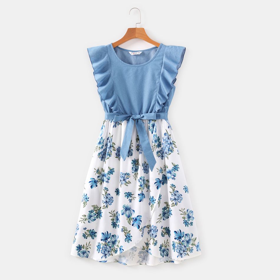 Blue Ruffle Sleeveless Splicing Floral Print Belted Dress for Mom and Me Light Blue big image 2