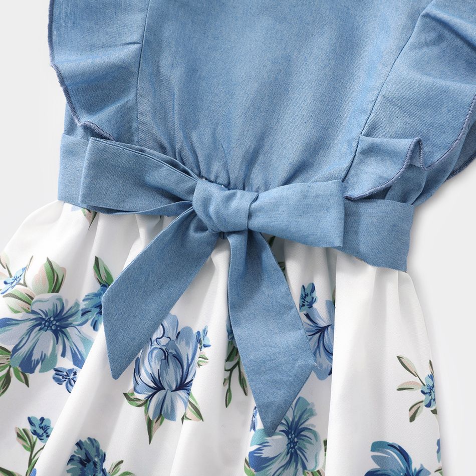 Blue Ruffle Sleeveless Splicing Floral Print Belted Dress for Mom and Me Light Blue big image 7