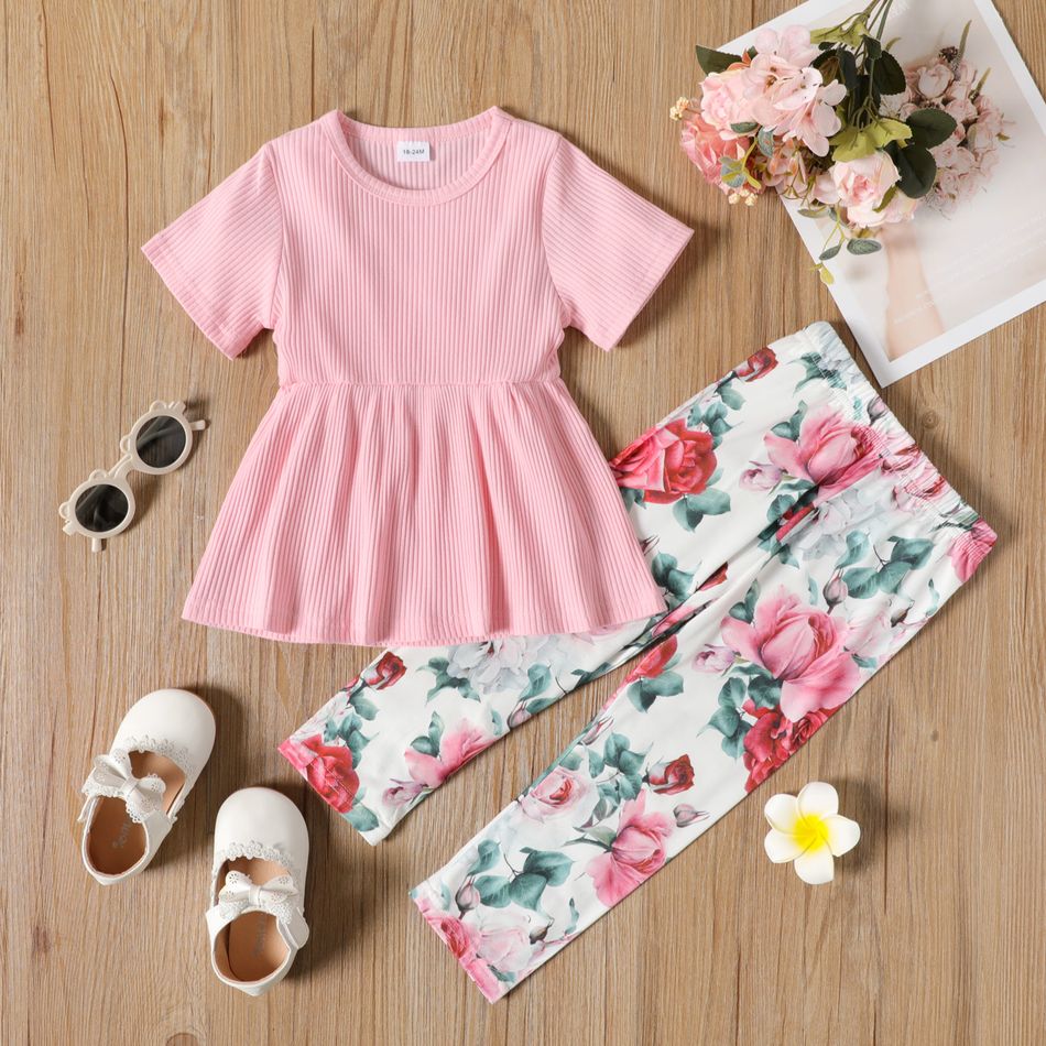 2-piece Toddler Girl Ribbed Short-sleeve Pink Tee and Floral Print Pants Set Pink