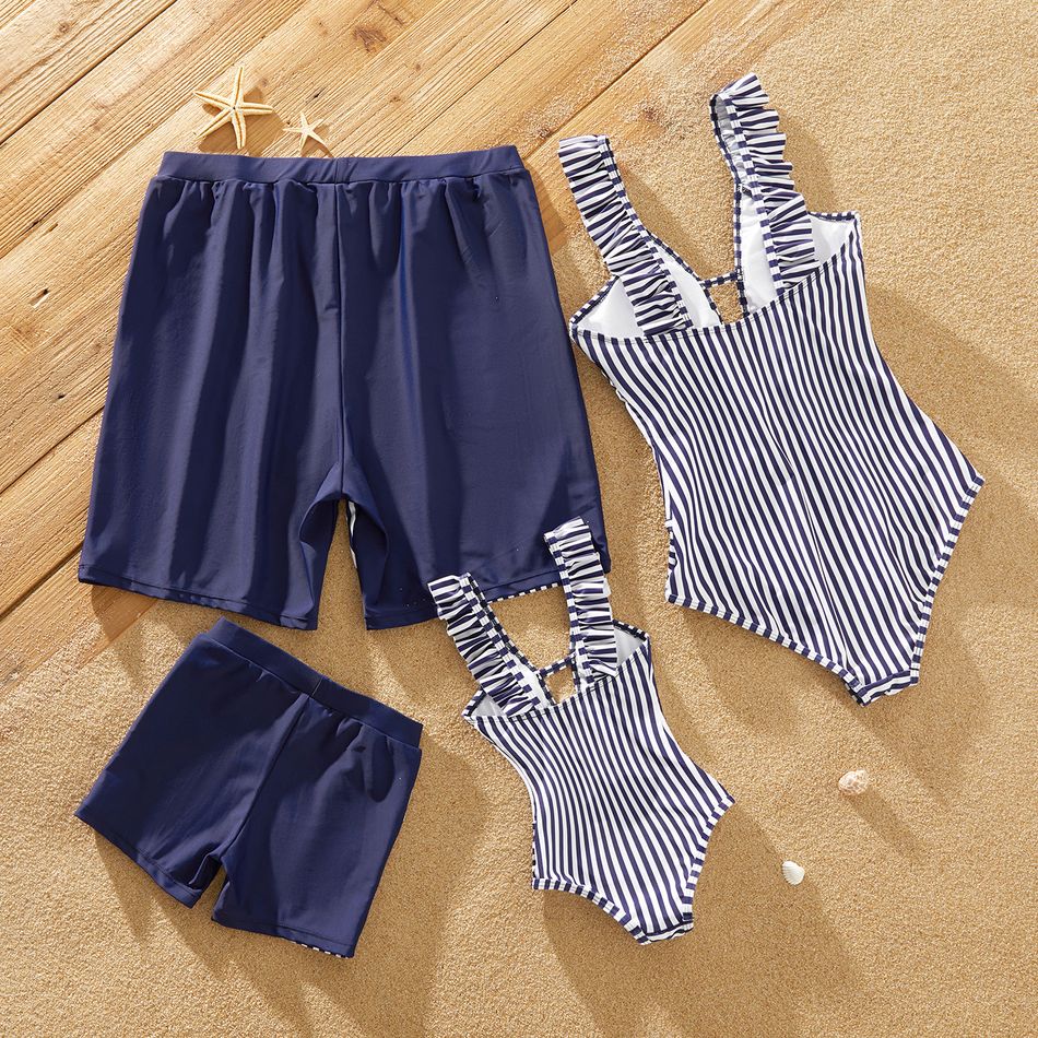 Family Matching Letter Print Splicing Striped Swim Trunks Shorts and Ruffle One-Piece Swimsuit Azure big image 11