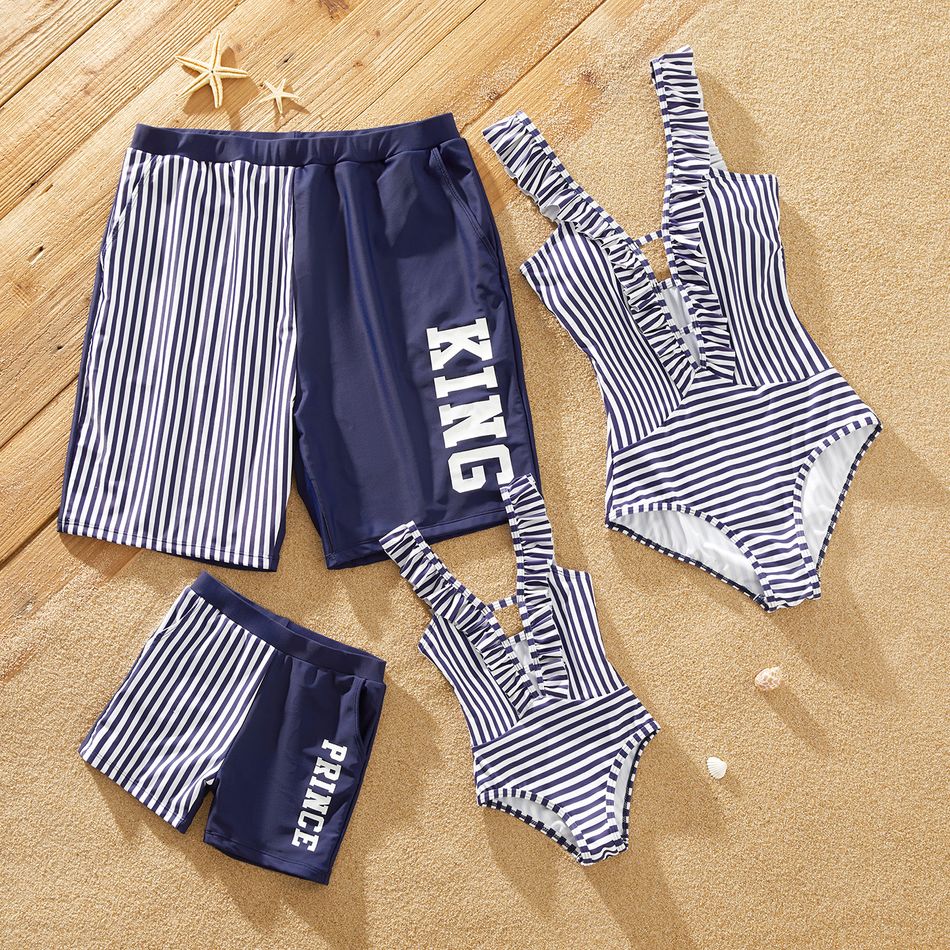 Family Matching Letter Print Splicing Striped Swim Trunks Shorts and Ruffle One-Piece Swimsuit Azure