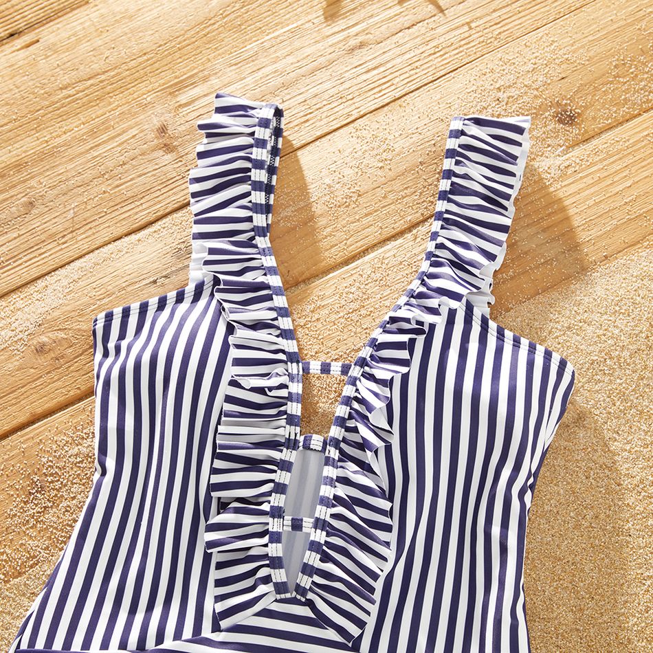 Family Matching Letter Print Splicing Striped Swim Trunks Shorts and Ruffle One-Piece Swimsuit Azure big image 3