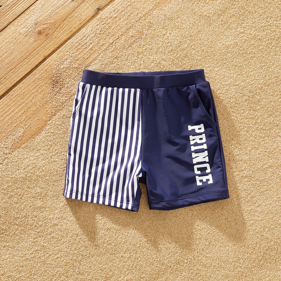 Family Matching Letter Print Splicing Striped Swim Trunks Shorts and Ruffle One-Piece Swimsuit Azure big image 10