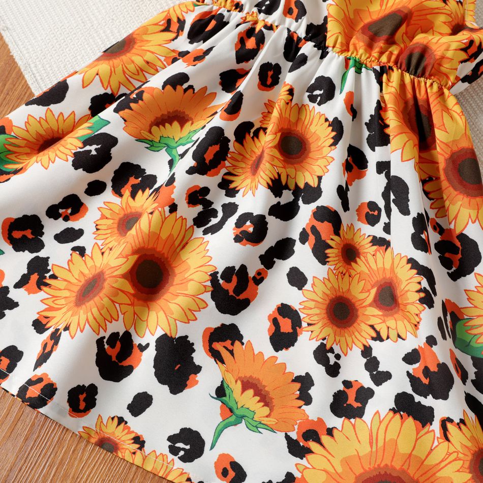 فستان بناتي بتصميم بونوت برتقالي / زهري بطبعة زهور متعدد الألوان big image 5