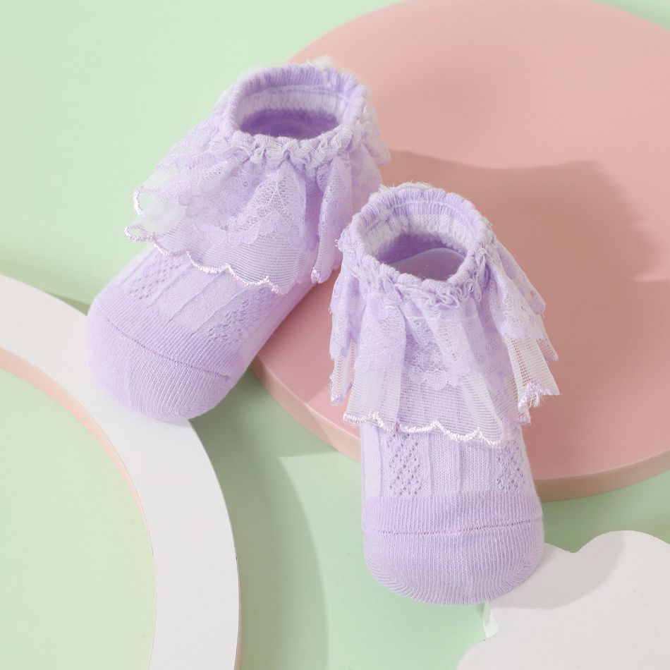 Baby / Toddler / Kid Mesh Lace Trim Princess Socks Light Purple big image 2