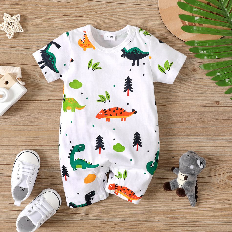 100% Cotton Baby Boy Allover Cartoon Dinosaur Print Short-sleeve Romper White