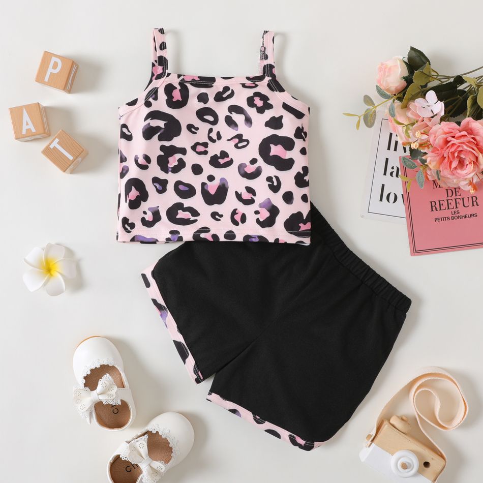 2pcs Baby Girl Leopard Cami Top and Shorts Set Pink big image 2
