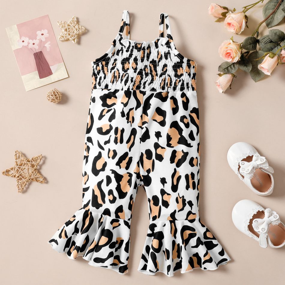 Baby Girl Leopard Sleeveless Spaghetti Strap Shirred Bell Bottom Jumpsuit White