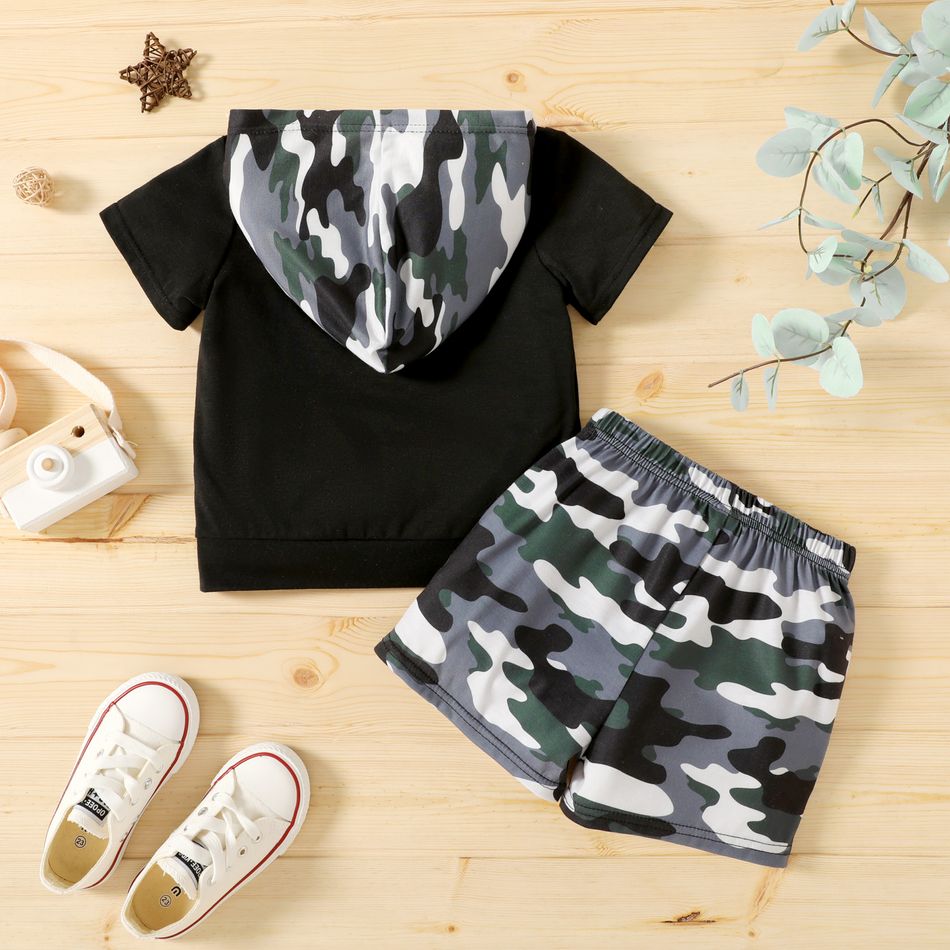 2pcs Toddler Boy Letter Camouflage Print Hooded Short-sleeve Tee and Elasticized Shorts Set Black big image 2