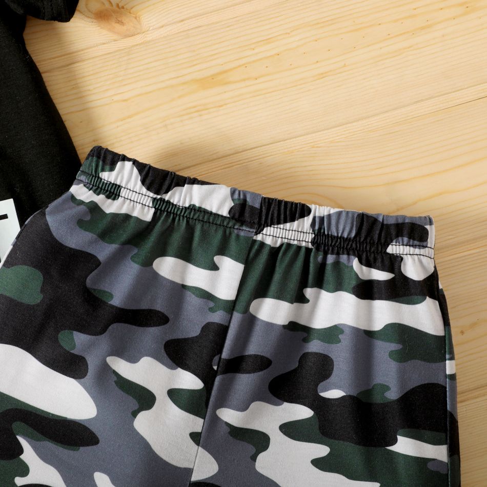 2pcs Toddler Boy Letter Camouflage Print Hooded Short-sleeve Tee and Elasticized Shorts Set Black