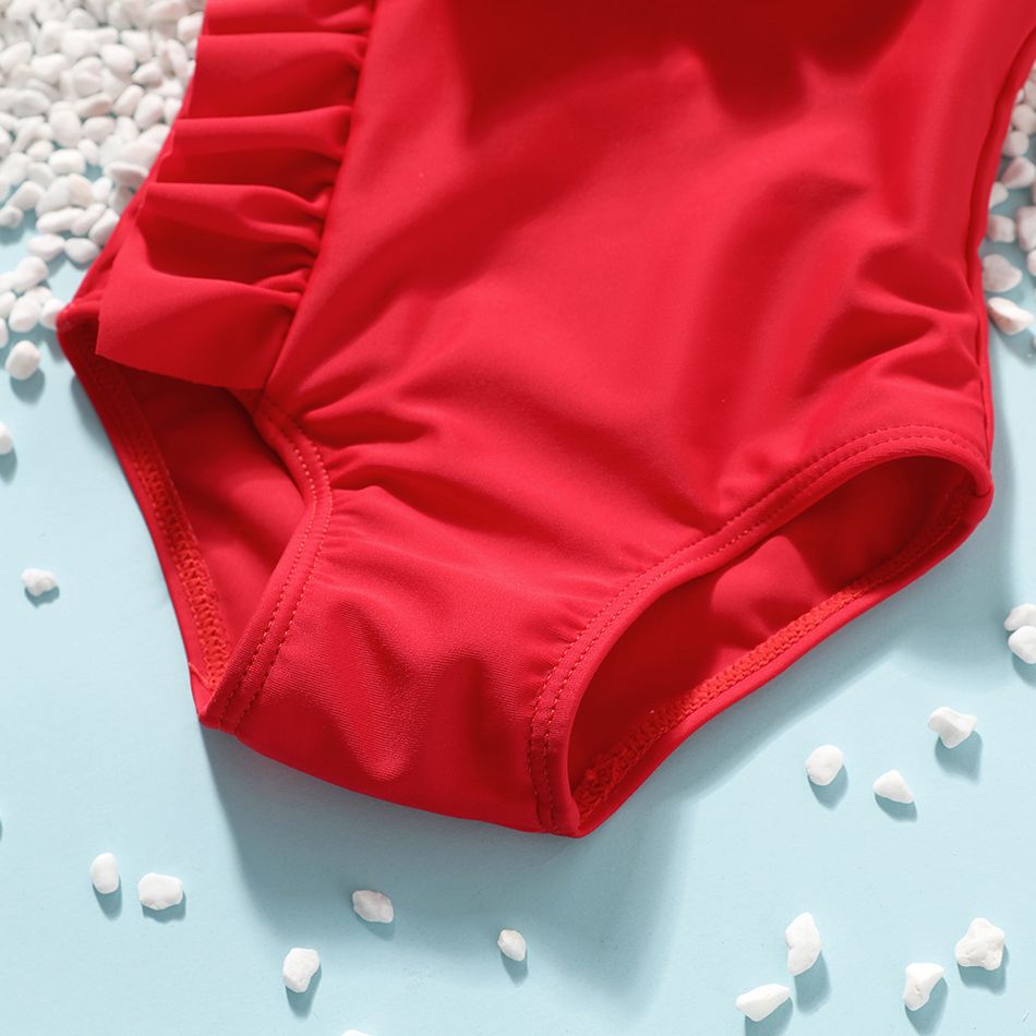 طفلة ملابس السباحة قطعة واحدة الصلبة bowknot كشكش السباغيتي حزام أحمر big image 3