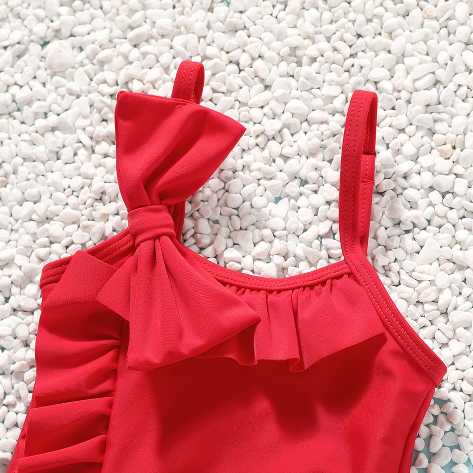 طفلة ملابس السباحة قطعة واحدة الصلبة bowknot كشكش السباغيتي حزام أحمر big image 2