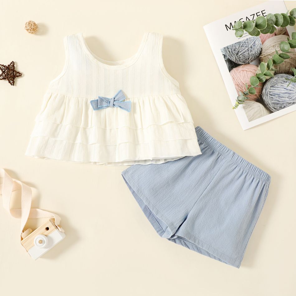 100% Cotton 2pcs Striped Bow Decor Sleeveless White Tank Top and Solid Blue Shorts Toddler Set White