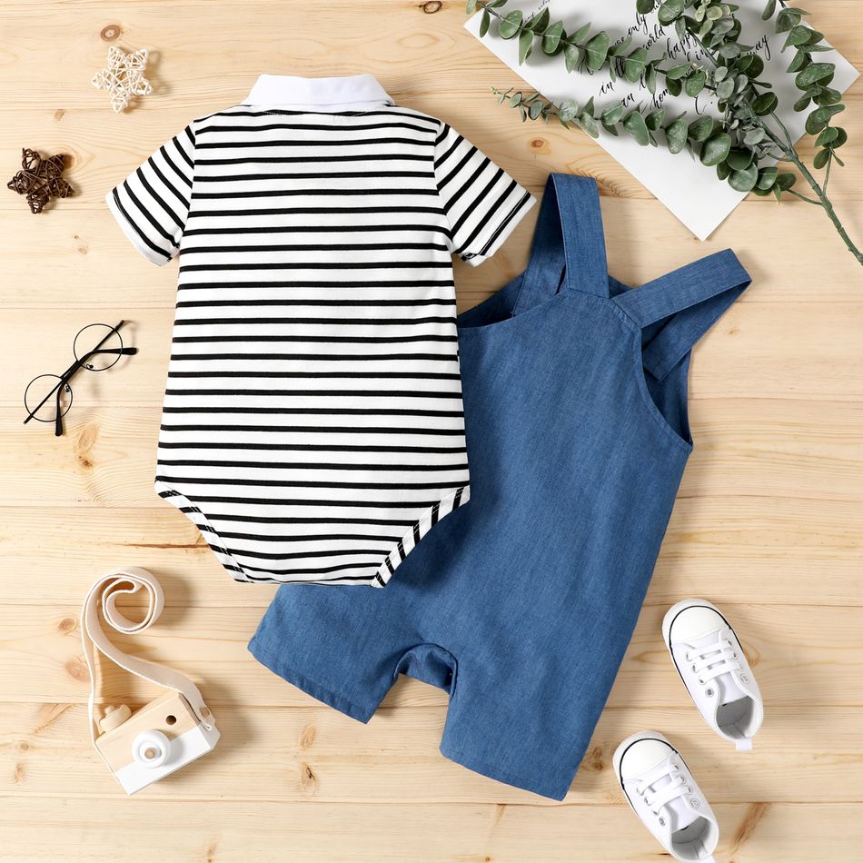 2pcs Baby Boy Contrast Collar Short-sleeve Striped Romper and Imitation Denim Overall Shorts Set Color block big image 3