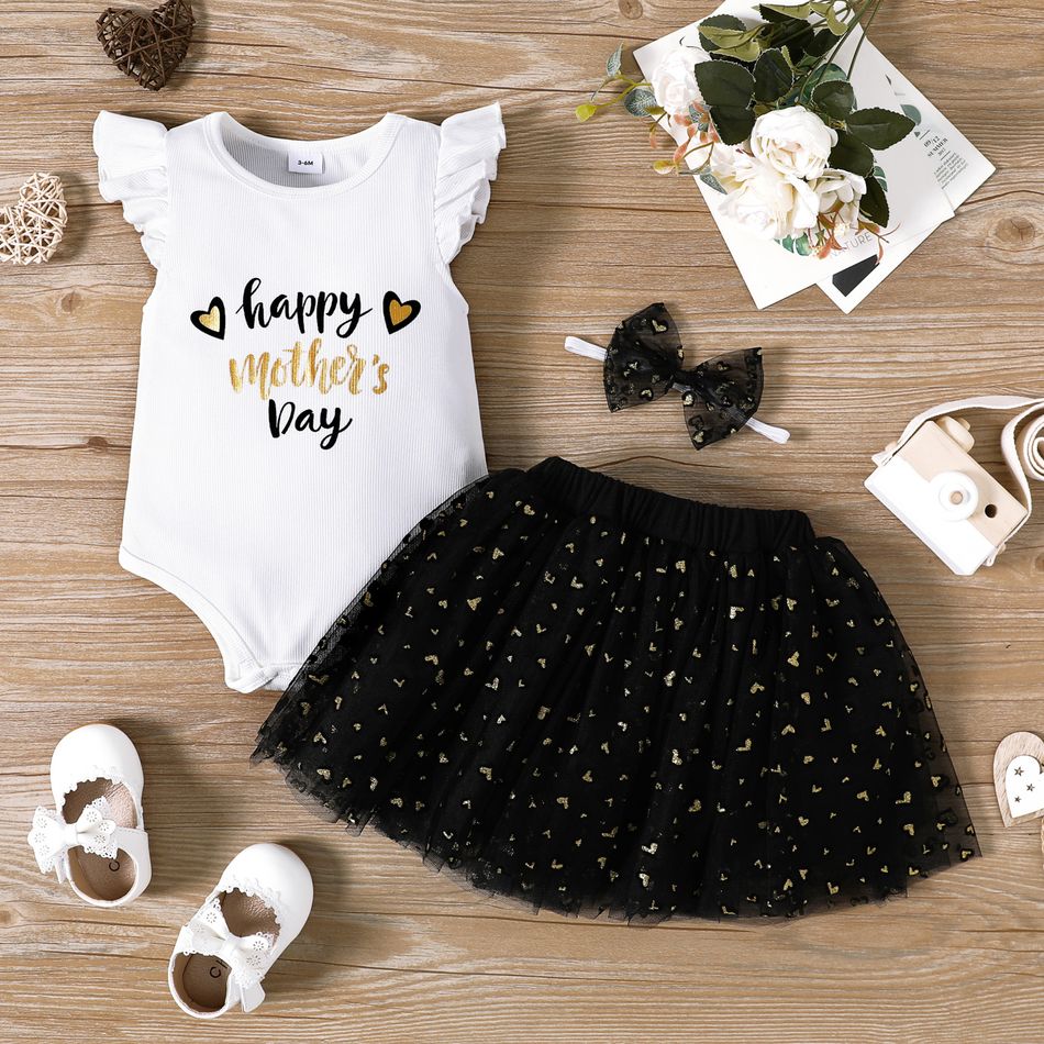 Mother's Day 3pcs Baby Girl Letter Print Flutter-sleeve Romper and Glitter Love Heart Mesh Skirt with Headband Set White