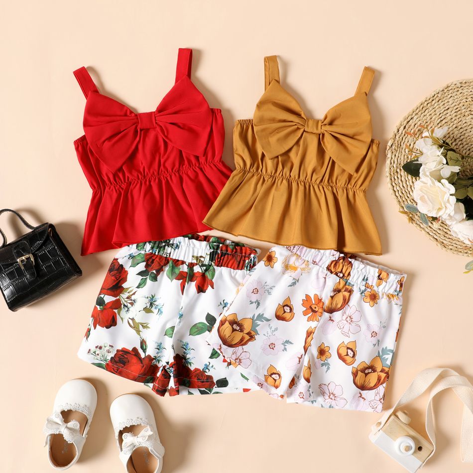 2-piece Toddler Girl Bowknot Design Peplum Camisole and Floral Print Shorts Set Apricot Yellow big image 2