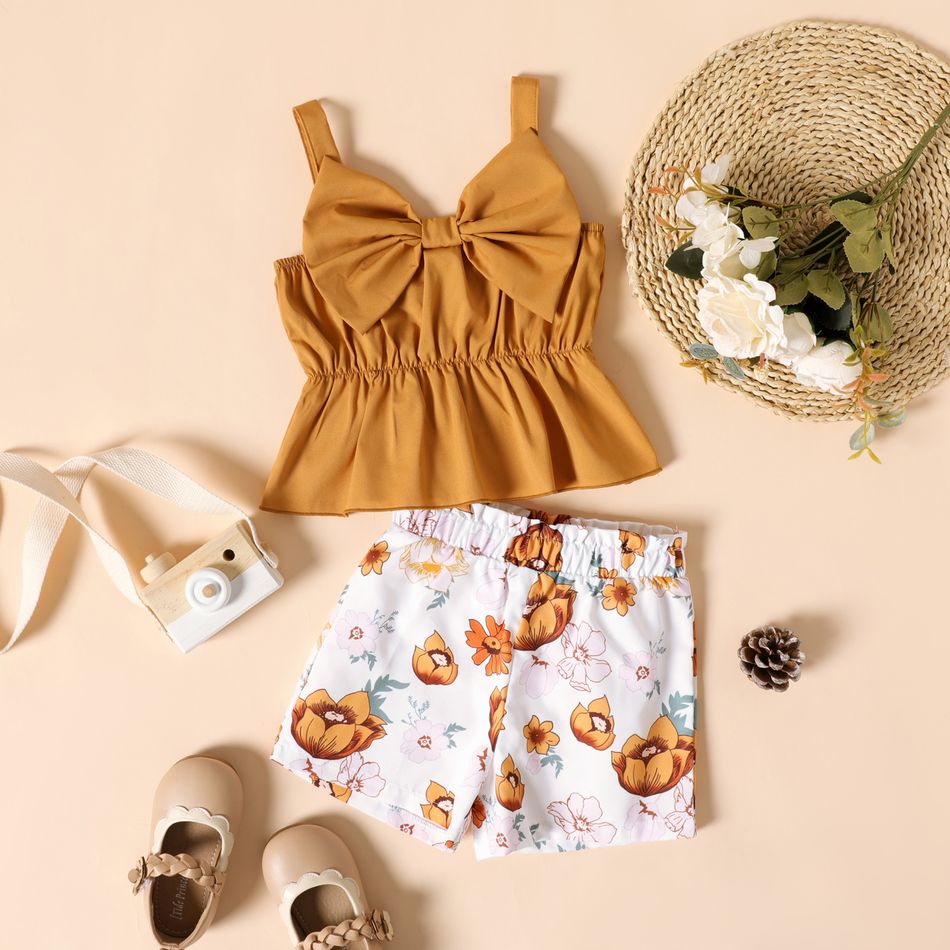 2-piece Toddler Girl Bowknot Design Peplum Camisole and Floral Print Shorts Set Apricot Yellow big image 1