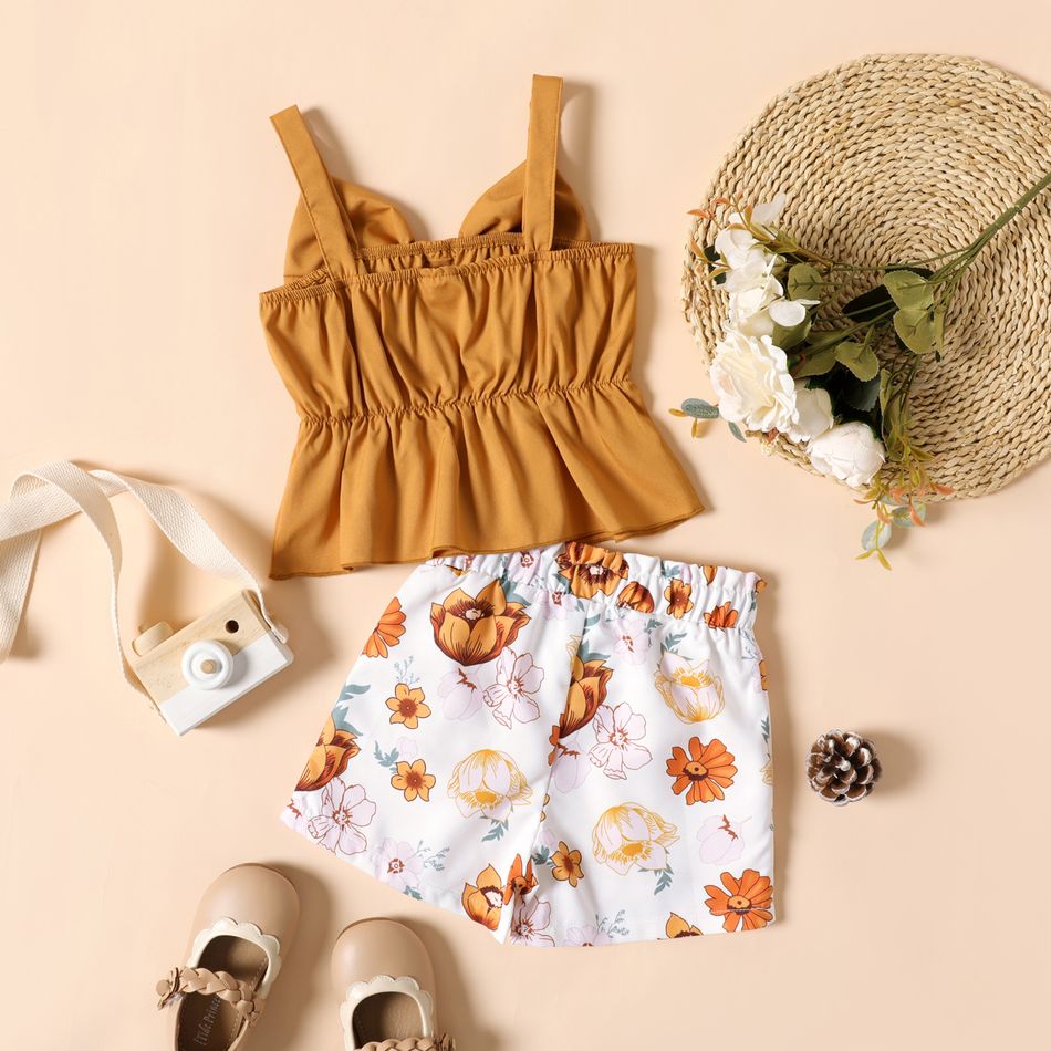 2-piece Toddler Girl Bowknot Design Peplum Camisole and Floral Print Shorts Set Apricot Yellow big image 3