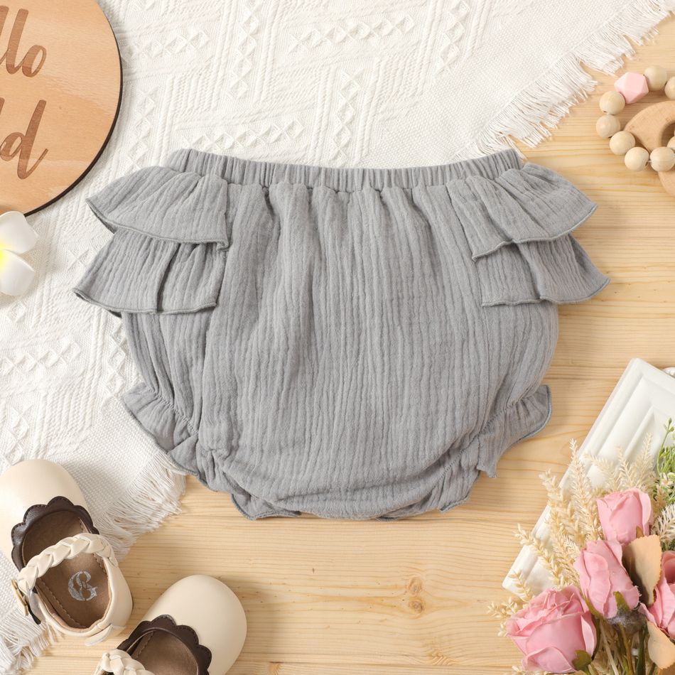 100% Cotton Crepe Baby Girl Solid Layered Ruffle Shorts Grey big image 3
