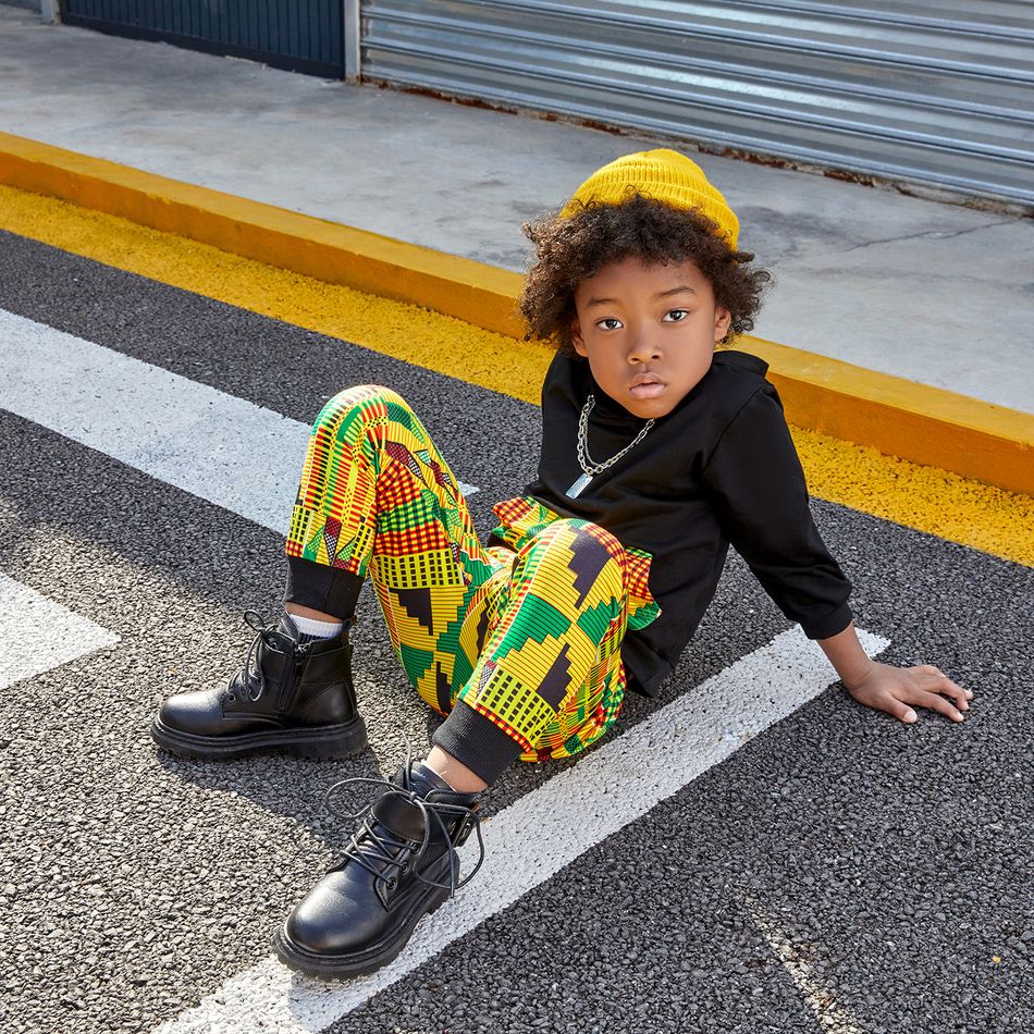 2-piece Toddler Girl/Boy Geo Plaid Pattern Pocket Design Hoodie and Pants Set Black big image 17