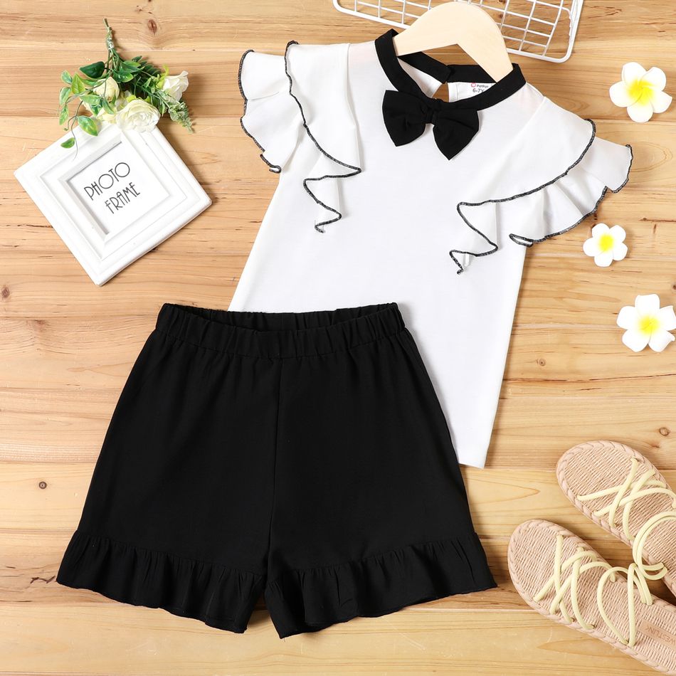 2-قطعة طفل فتاة BOWKNOT تصميم بلوزة بيضاء بأكمام رفرفة ومجموعة شورت أسود مكشكش أسود / أبيض