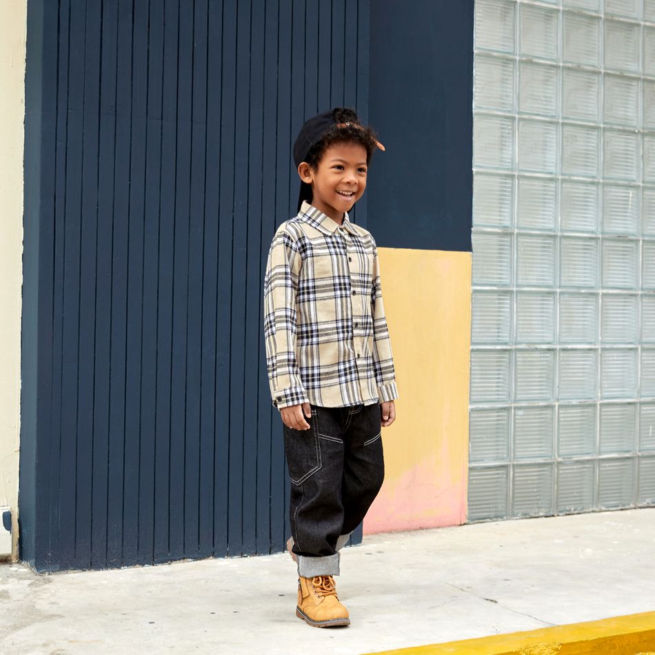 Toddler Boy/Girl Khaki Plaid Lapel Collar Button-Down Long-sleeve Shirt Khaki