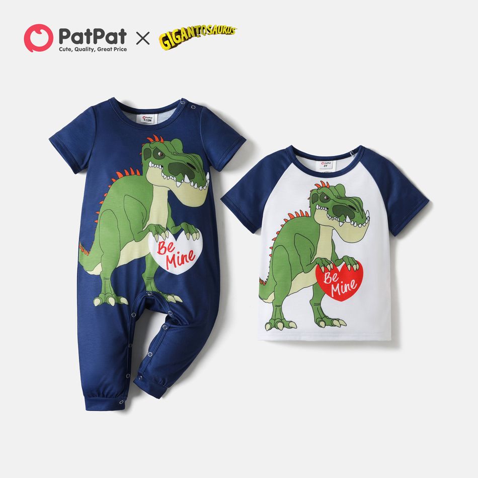 Gigantosaurus Siblings Heart and Dino Print Brothers Tee and Jumpsuit Dark Blue/white
